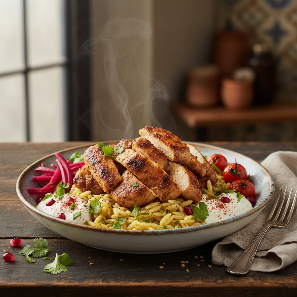 Bol de poulet façon Shawarma à la libanaise sur lit d'orzo citronné
