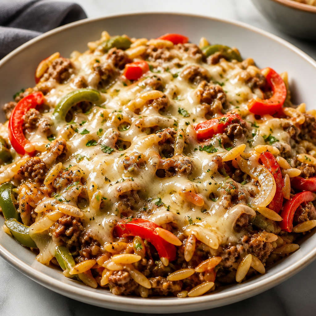 One-pot de bœuf haché façon Philly Cheesesteak et orzo aux poivrons