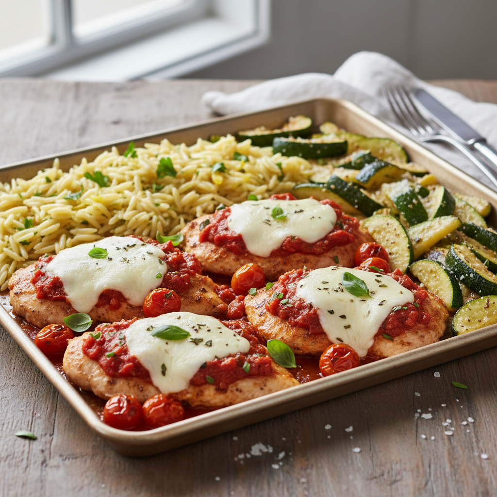 Sheet pan de poulet alla pizzaiola, orzo citronné et courgettes